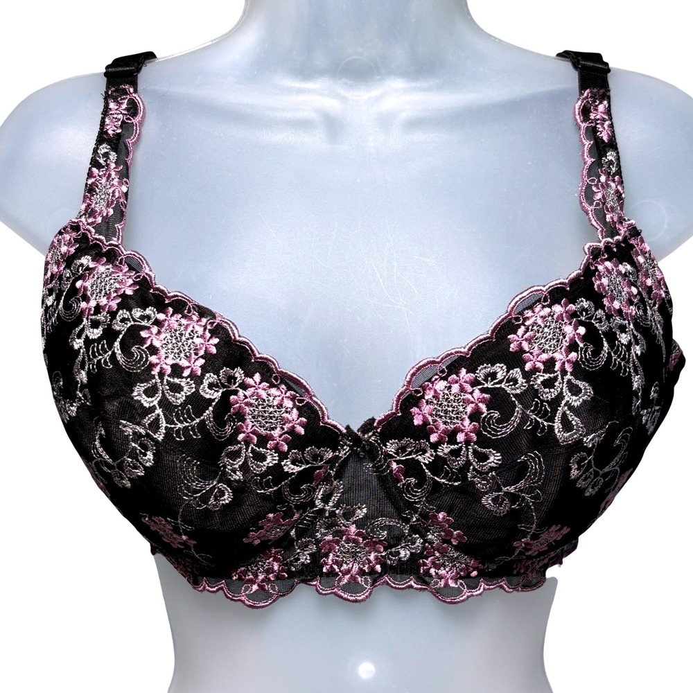 Vintage 36D Fredericks of Hollywood Bra Black Pink Floral Embroidered Underwire